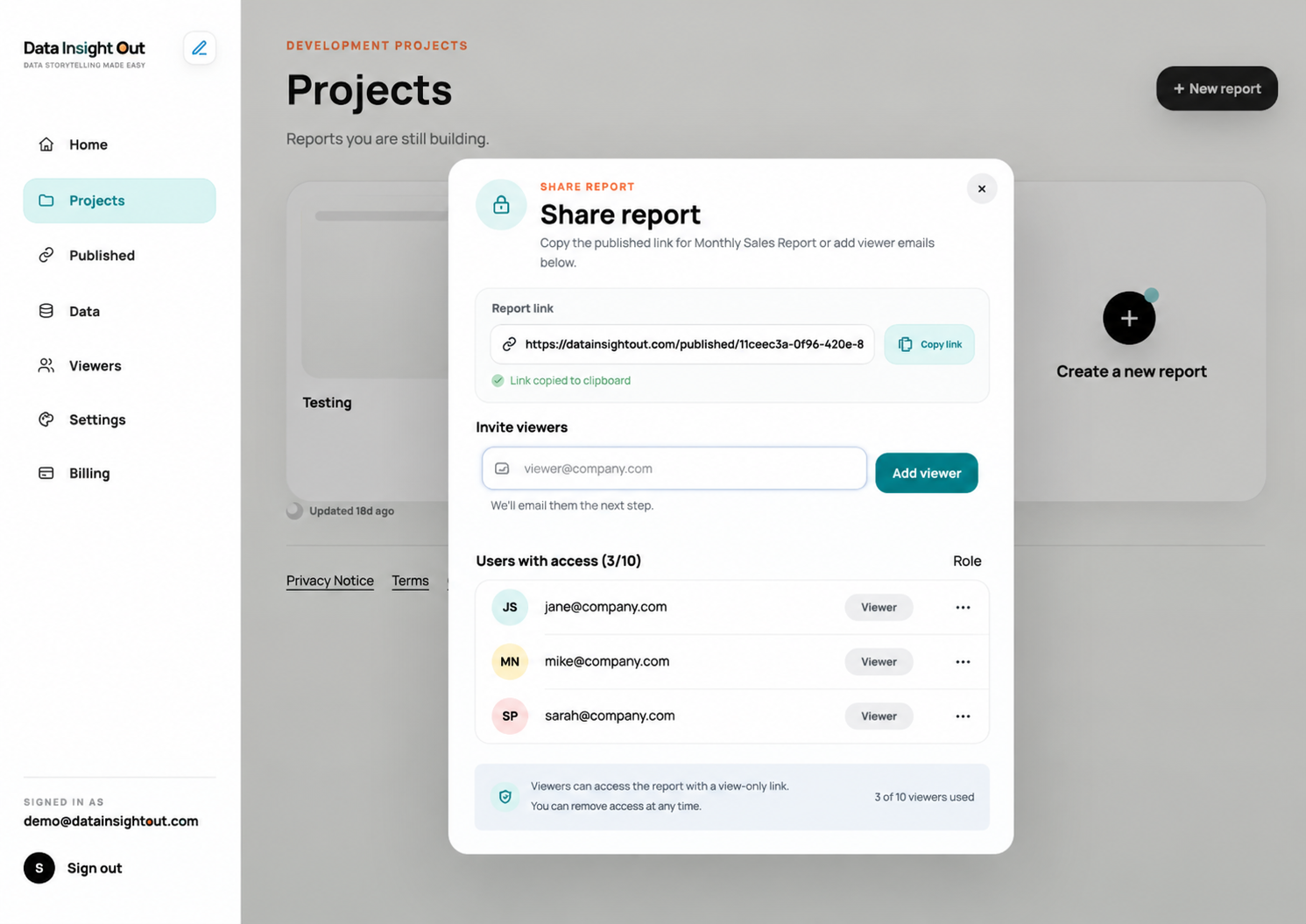 A Data Insight Out projects workspace showing the share report dialog with report link, viewer invite and access controls.